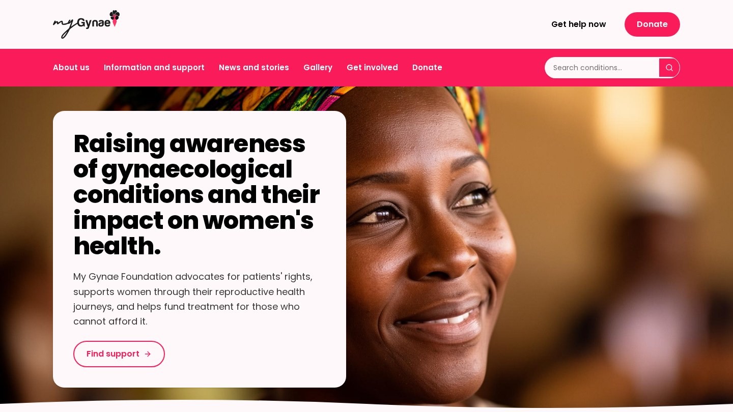 Homepage of MyGynae Foundation, a women's health awareness website built by a Ceenan Socials Academy student