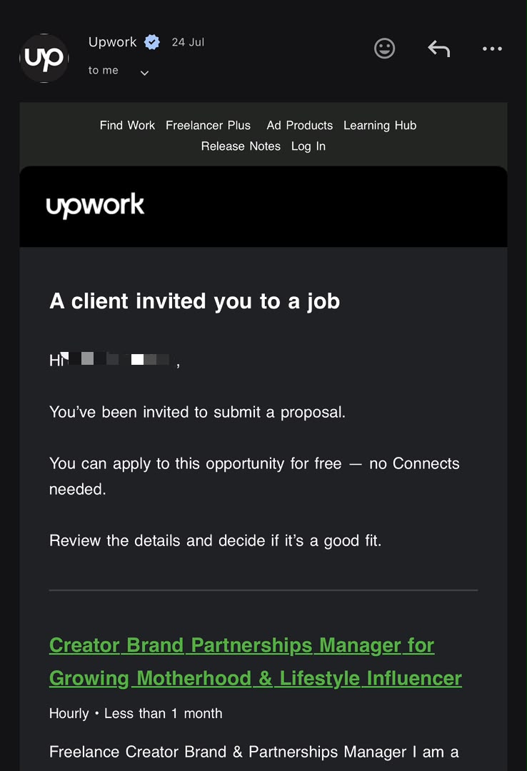 Upwork invitation to interview for a project