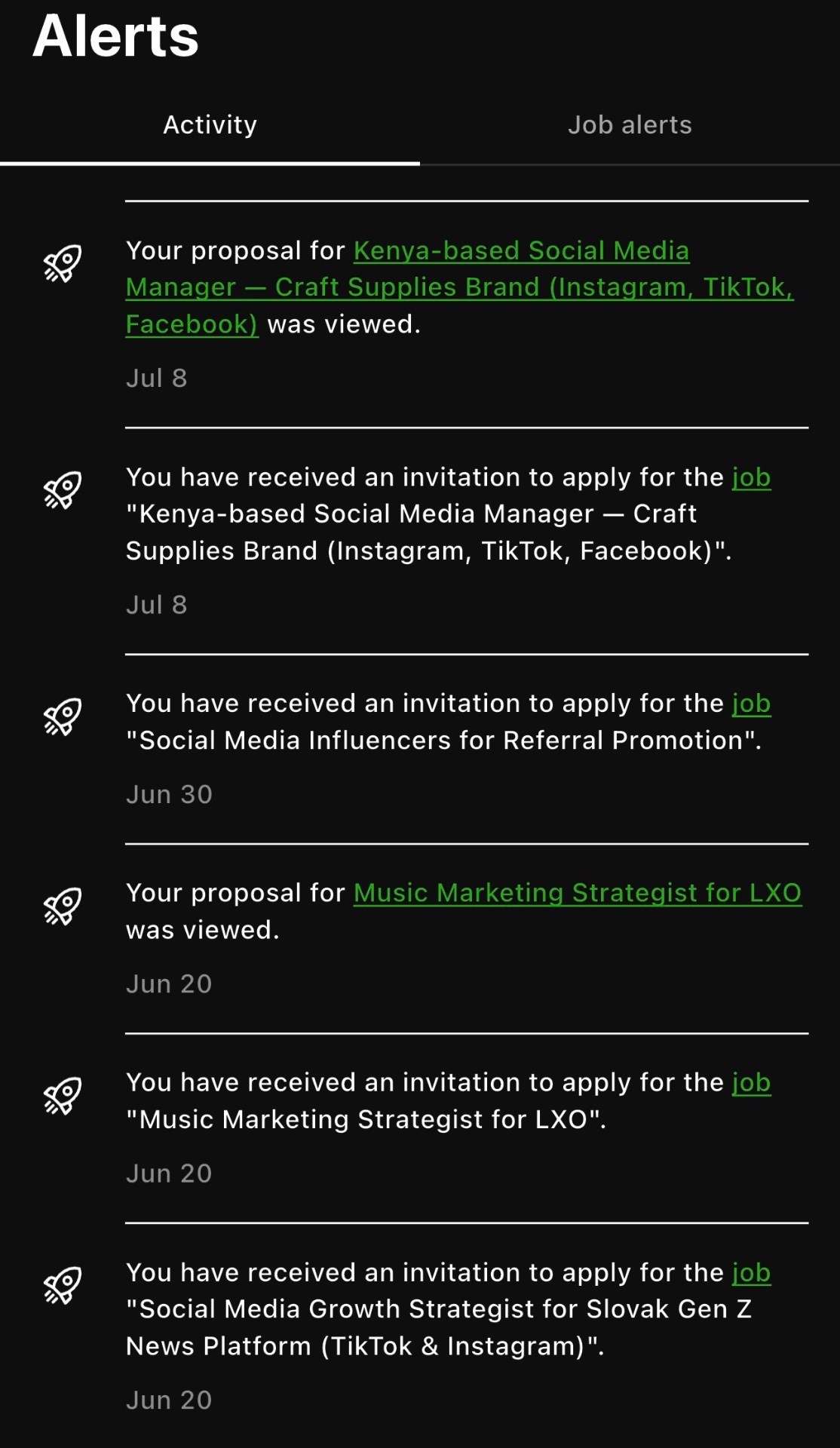 Upwork activity notifications showing proposals viewed and invitations