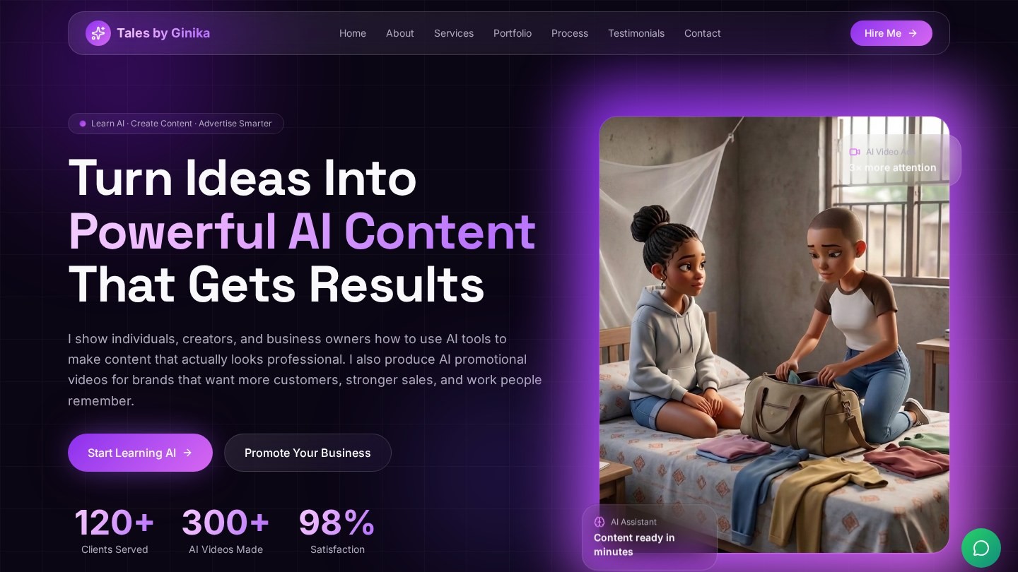 Homepage of Tales by Ginika, an AI content and video service website built by a Ceenan Socials Academy student