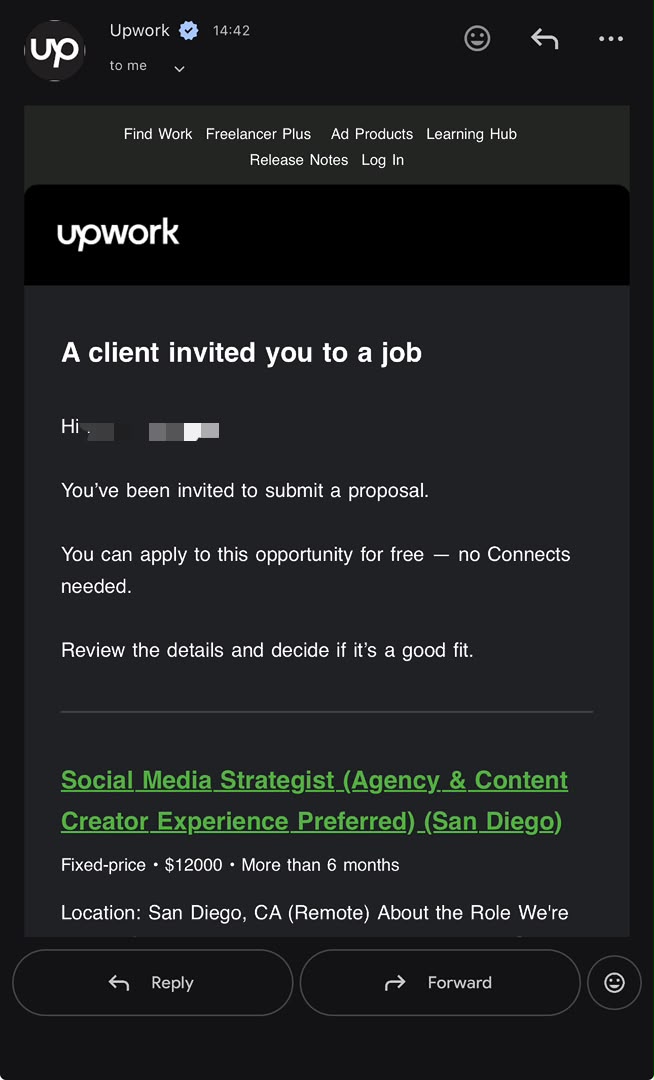Upwork client invitation received by a student