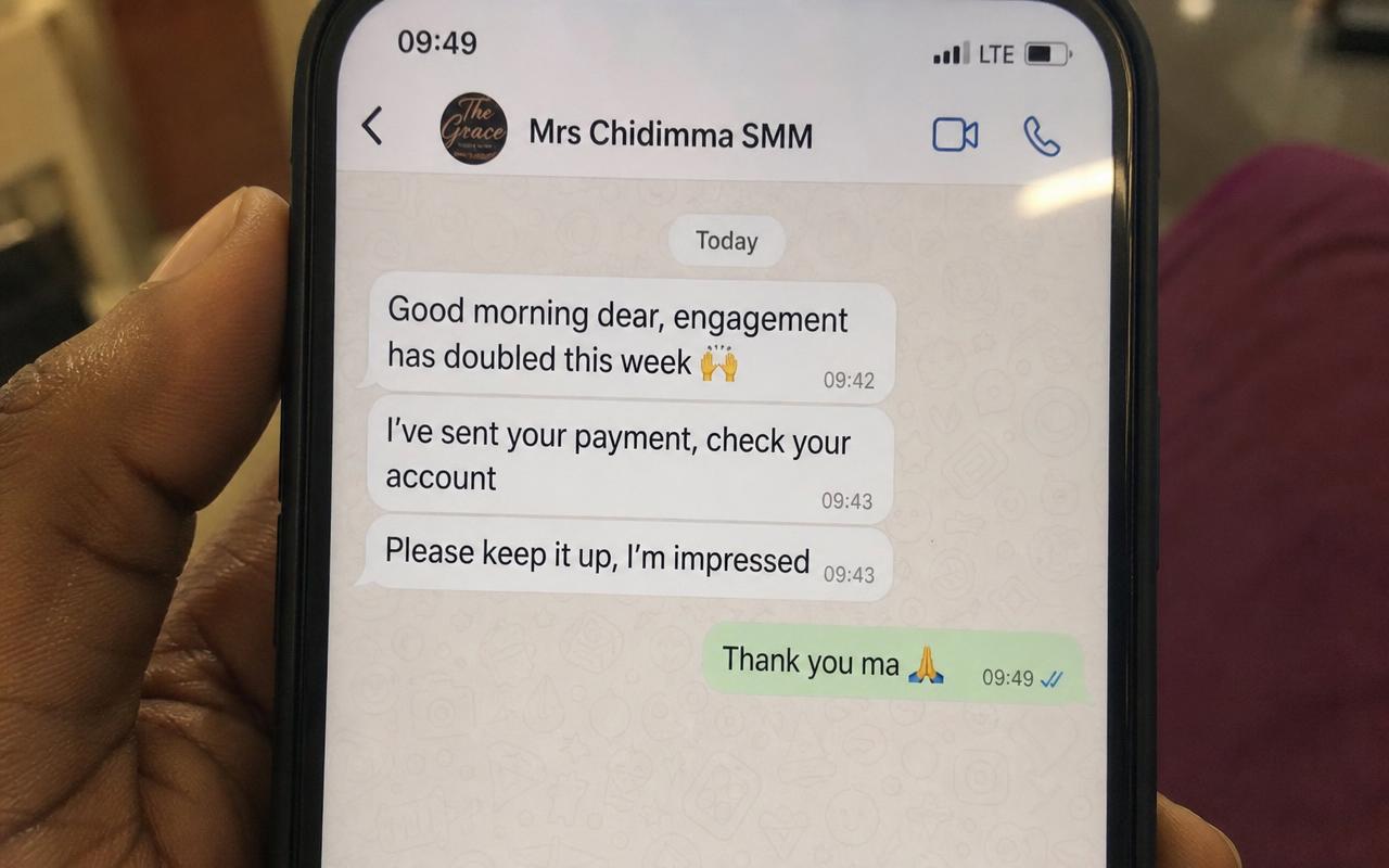 WhatsApp message from a client, Mrs Chidimma, confirming doubled engagement and payment sent