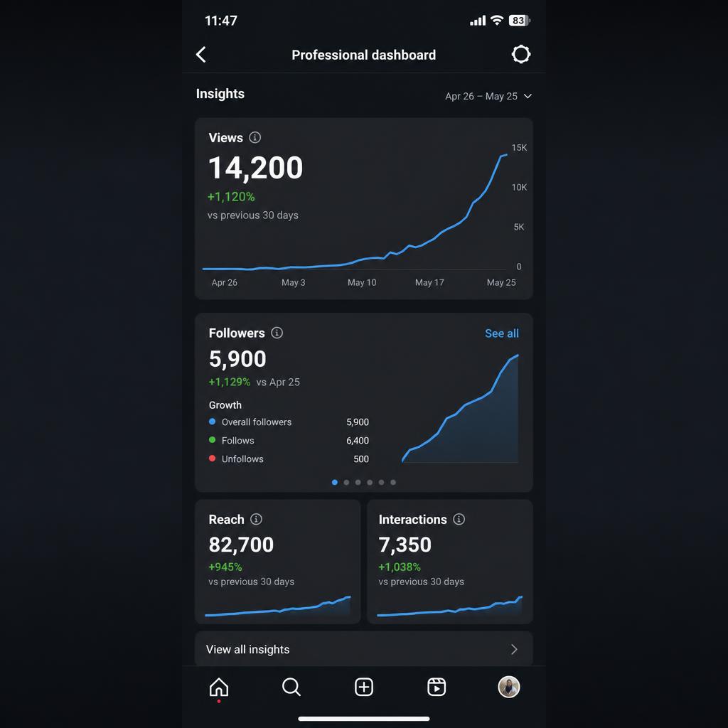 Instagram insights showing a client page growing from 480 to 5,900 followers and 14,200 views